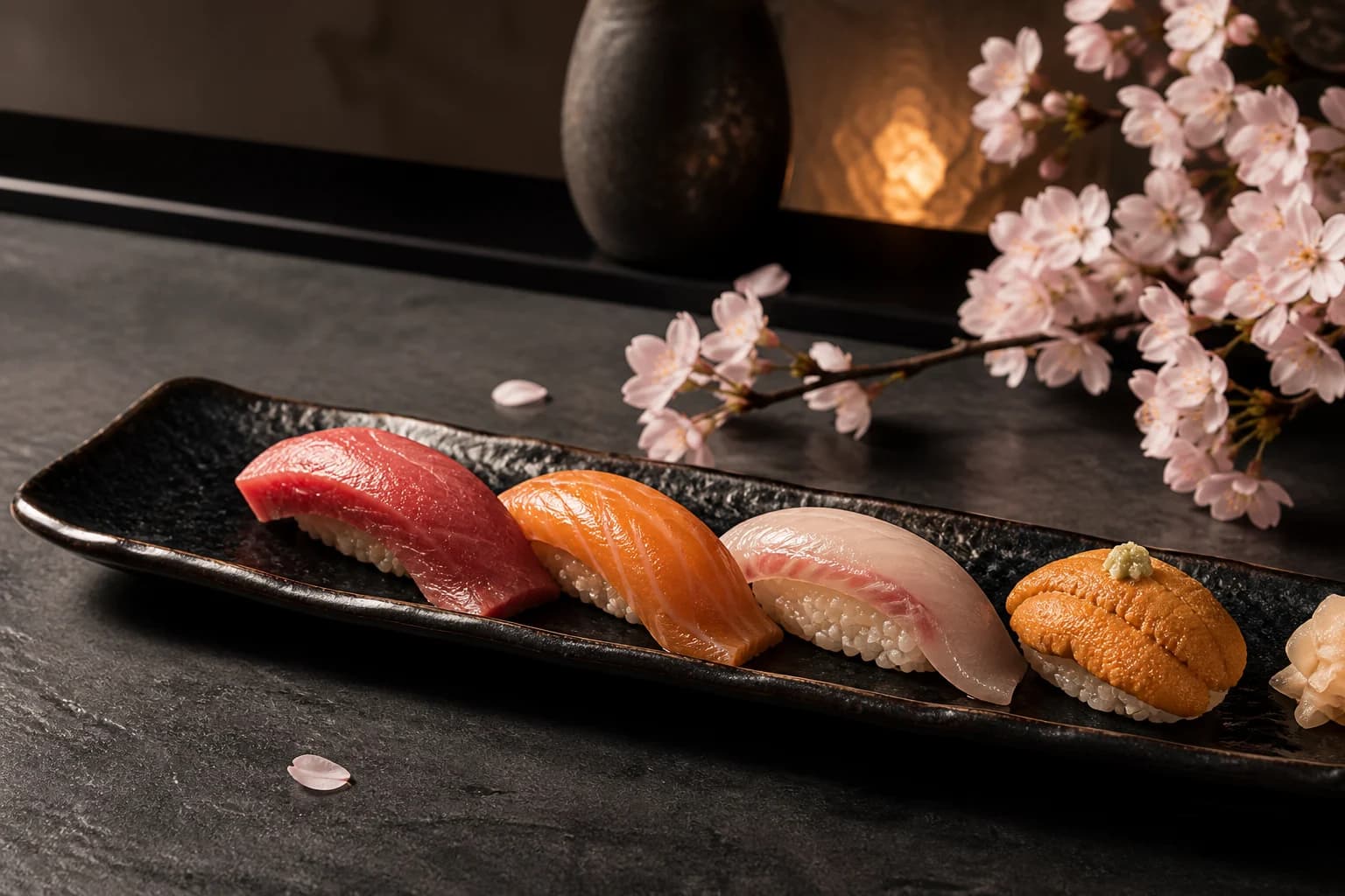 Een selectie omakase-sushi met kersenbloesem op een donkere stenen counter